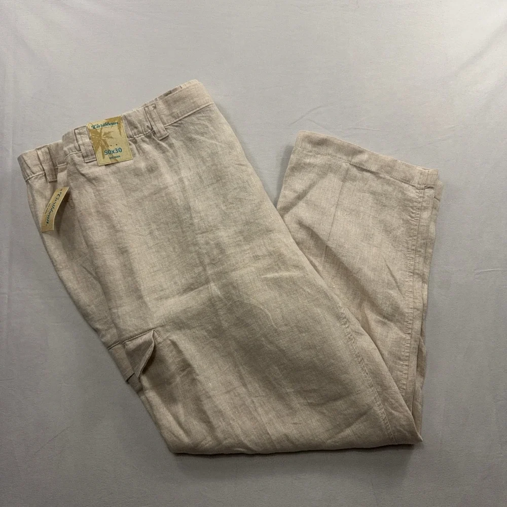 Caribbean Cargo Pants 100% Linen Elastic Waist Natural Mens 50x30 NWT